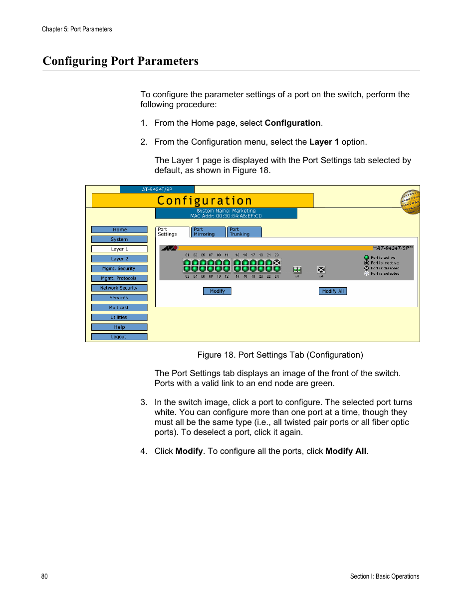 Configuring port parameters, Figure 18: port settings tab (configuration) | Allied Telesis AT-S63 User Manual | Page 80 / 430