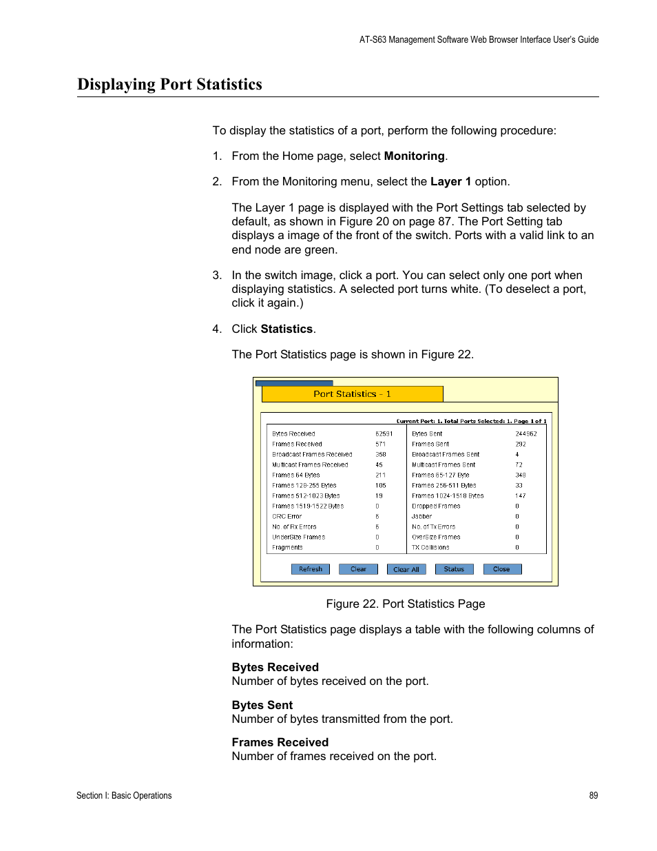 Displaying port statistics | Allied Telesis AT-S63 User Manual | Page 89 / 430