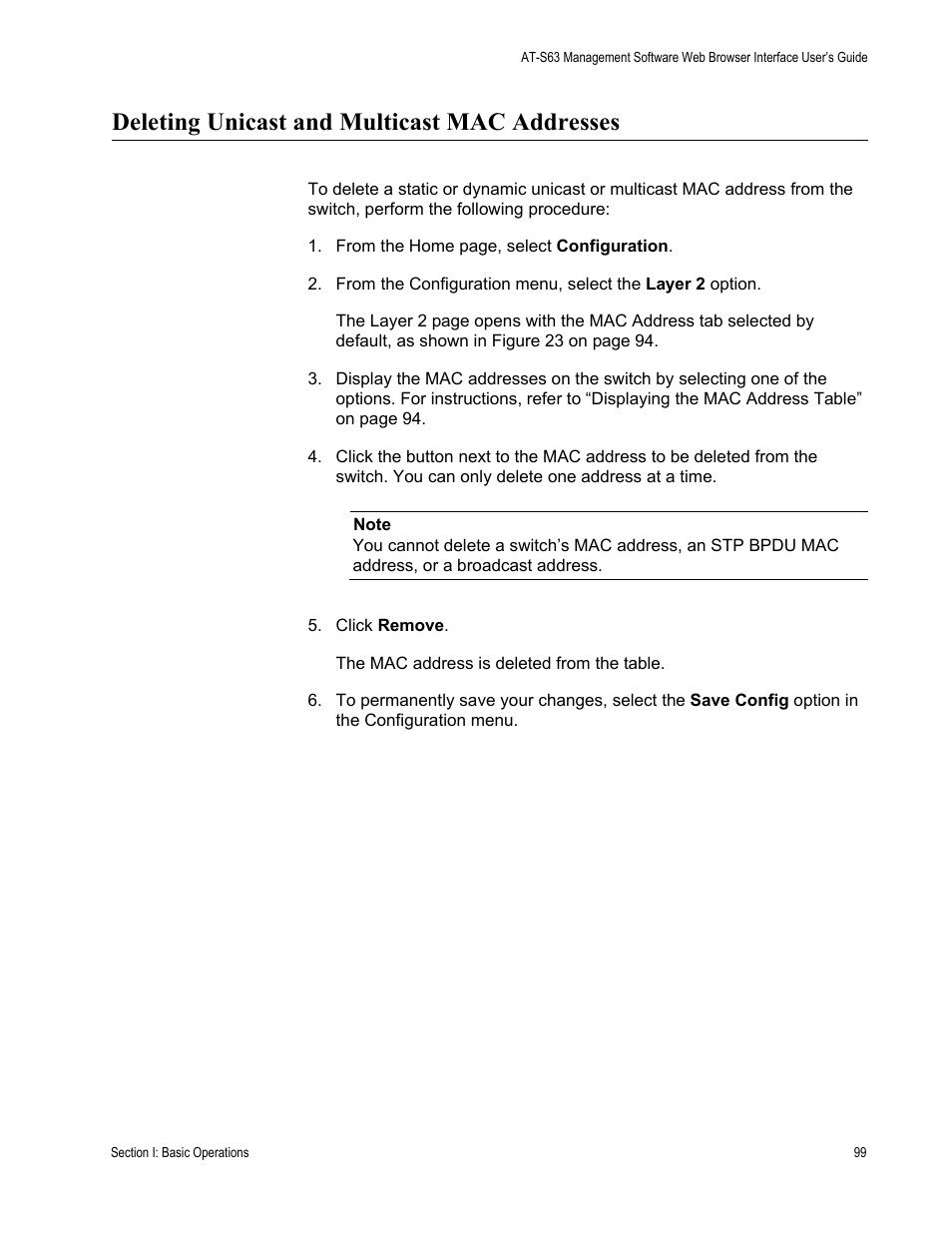 Deleting unicast and multicast mac addresses | Allied Telesis AT-S63 User Manual | Page 99 / 430