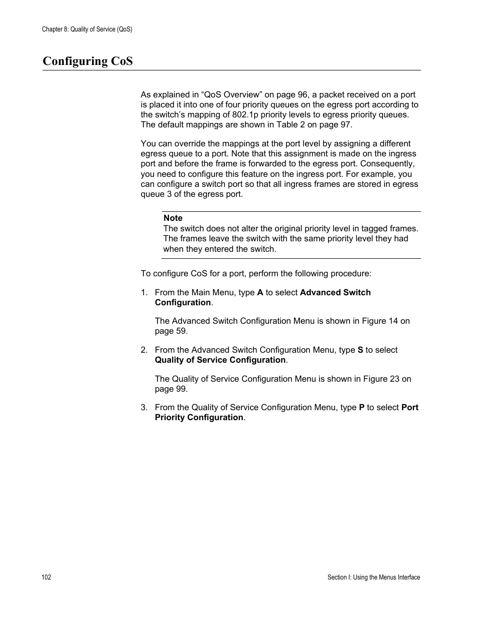 Configuring cos | Allied Telesis AT-S79 User Manual | Page 102 / 242
