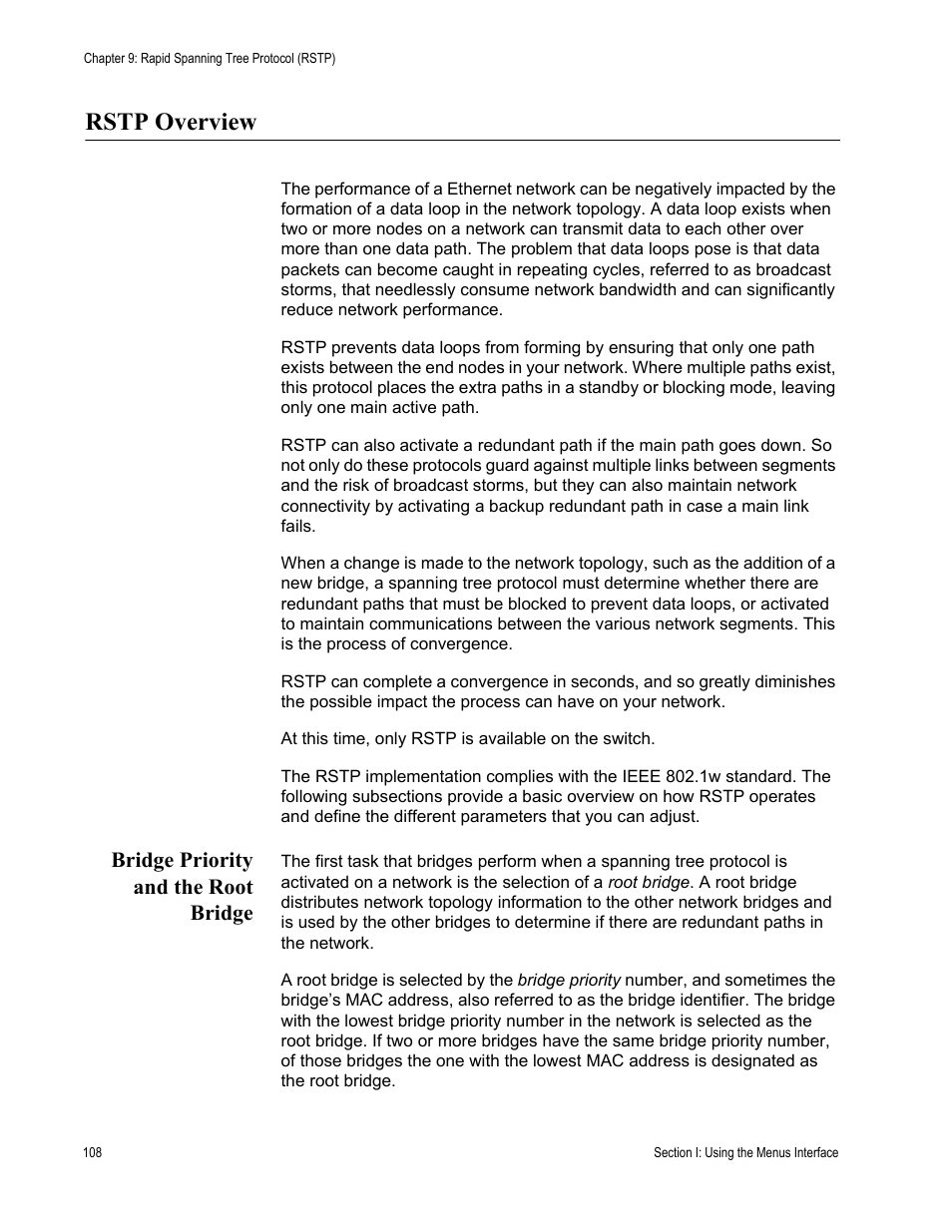 Rstp overview, Bridge priority and the root bridge | Allied Telesis AT-S79 User Manual | Page 108 / 242