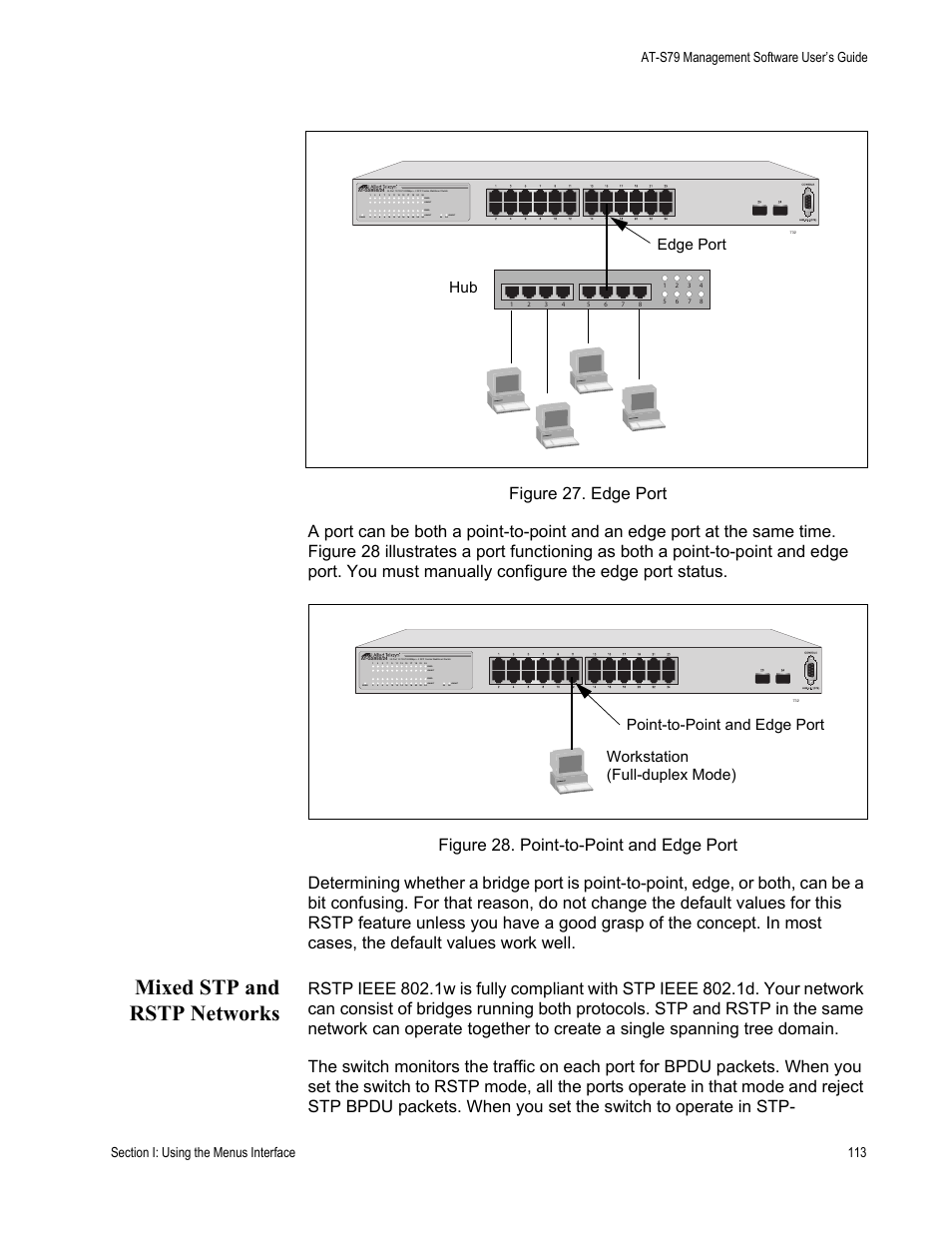 Mixed stp and rstp networks, Edge port, Power | Link/act, Link/act speed link/act speed | Allied Telesis AT-S79 User Manual | Page 113 / 242