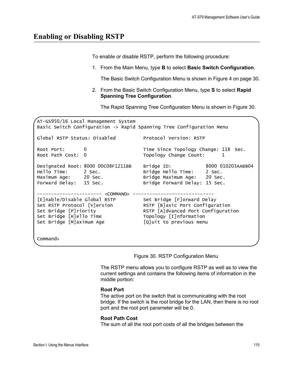 Enabling or disabling rstp | Allied Telesis AT-S79 User Manual | Page 115 / 242