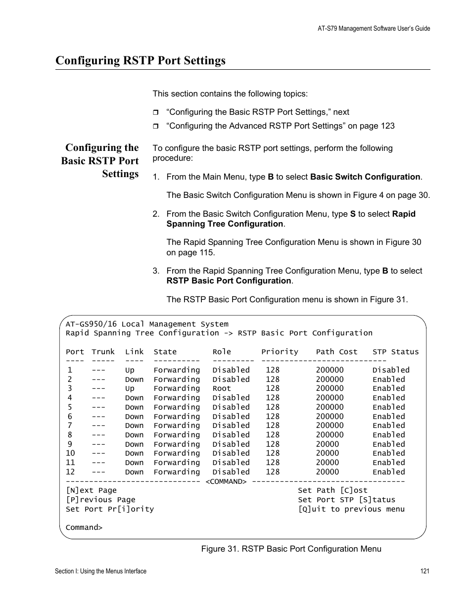 Configuring rstp port settings, Configuring the basic rstp port settings | Allied Telesis AT-S79 User Manual | Page 121 / 242
