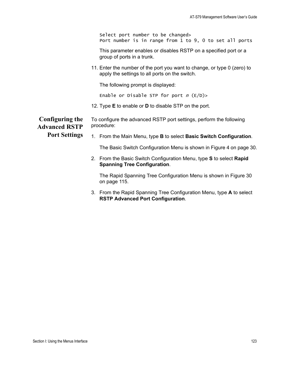 Configuring the advanced rstp port settings | Allied Telesis AT-S79 User Manual | Page 123 / 242