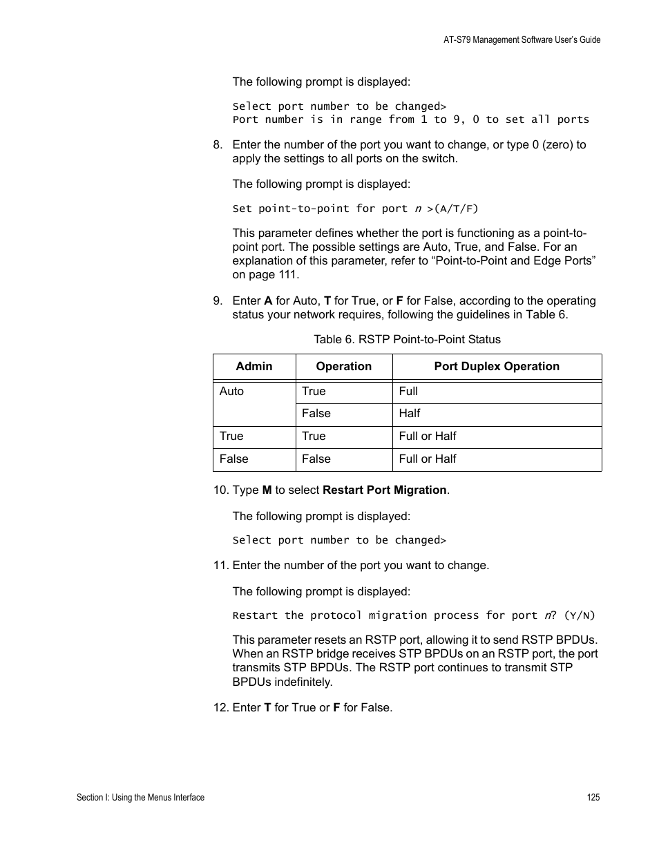 Table 6. rstp point-to-point status | Allied Telesis AT-S79 User Manual | Page 125 / 242