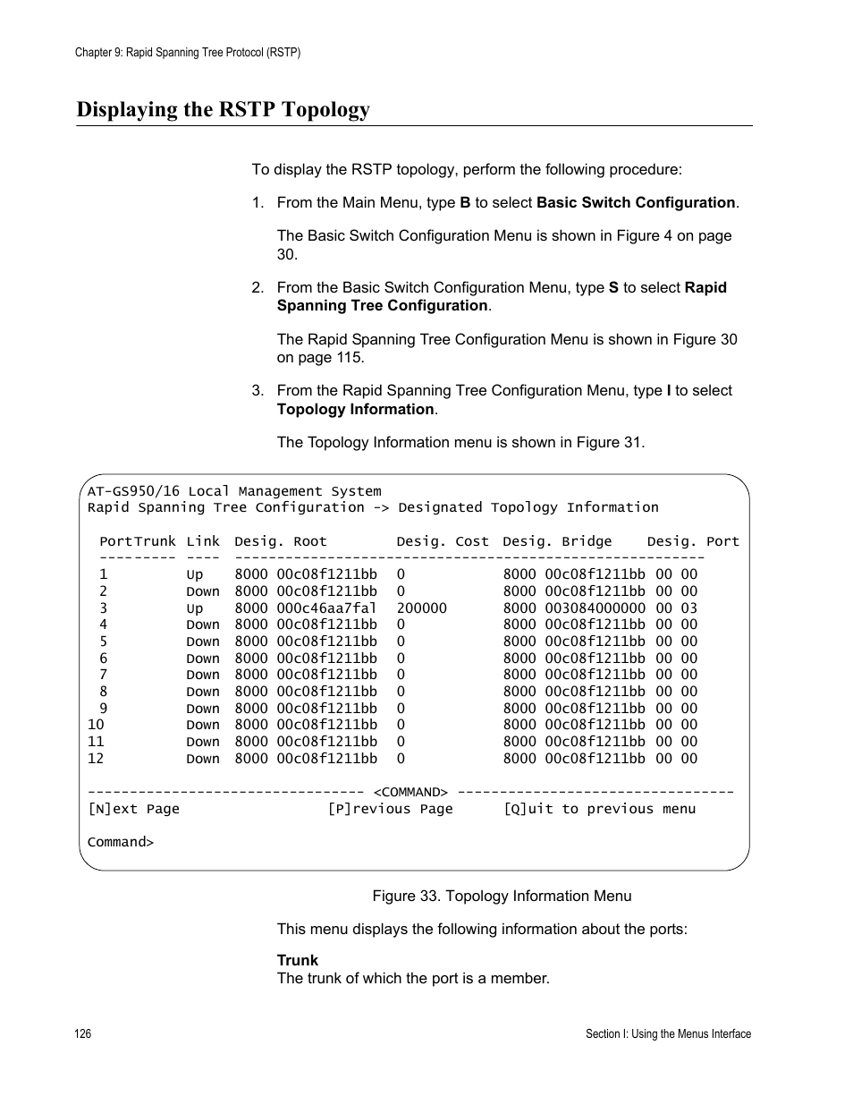 Displaying the rstp topology | Allied Telesis AT-S79 User Manual | Page 126 / 242