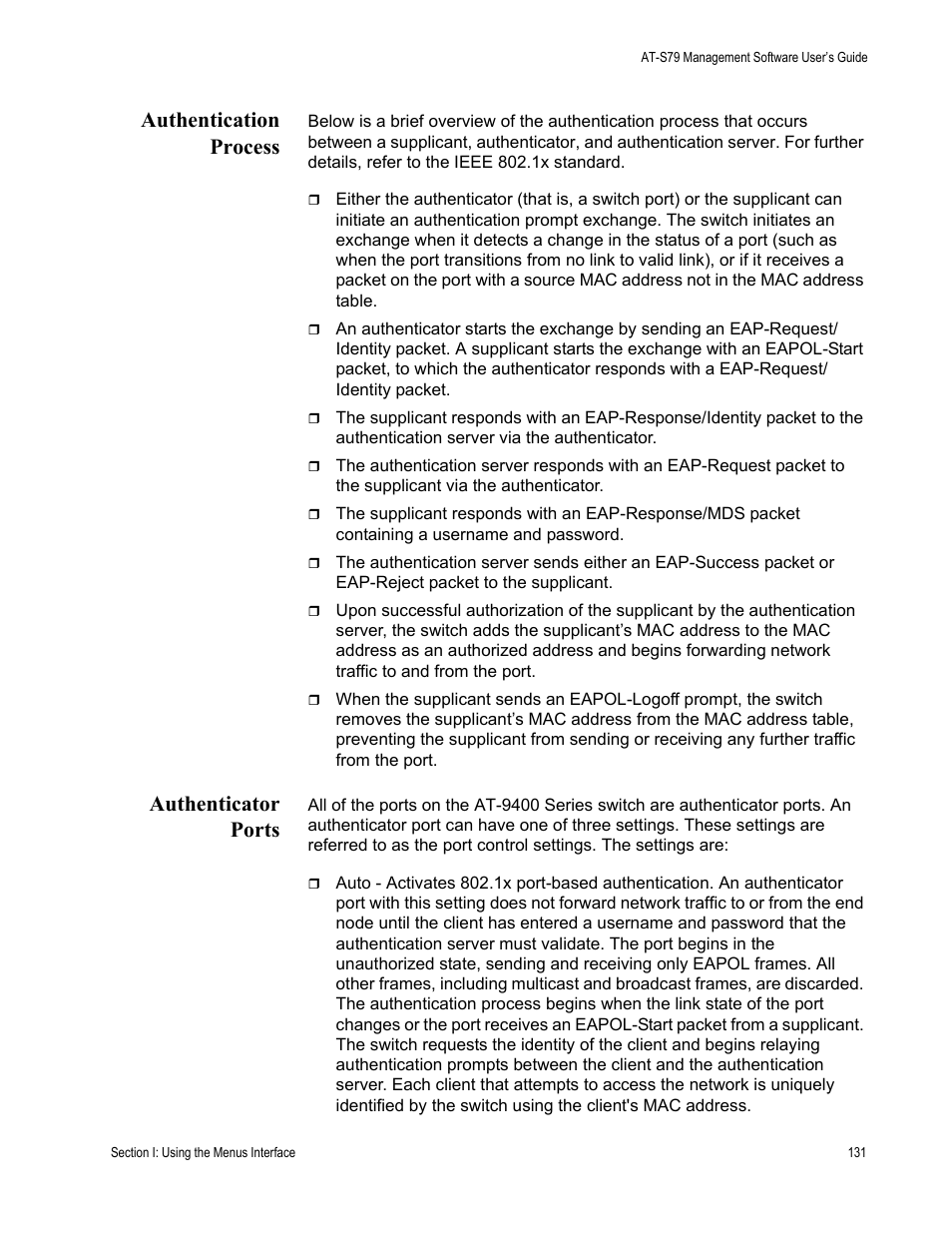 Authentication process, Authenticator ports | Allied Telesis AT-S79 User Manual | Page 131 / 242