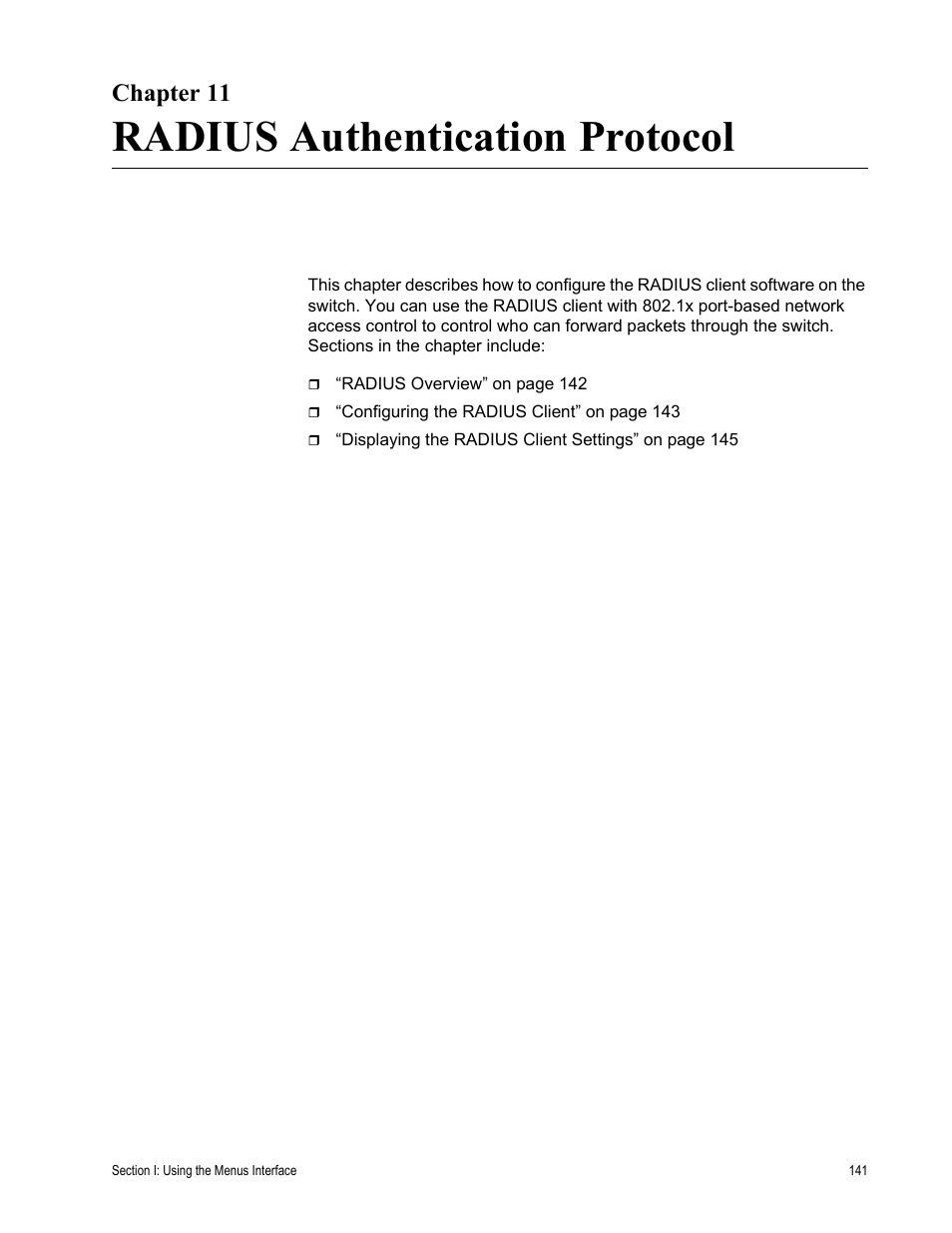 Chapter 11, Radius authentication protocol, Chapter 11: radius authentication protocol | Allied Telesis AT-S79 User Manual | Page 141 / 242