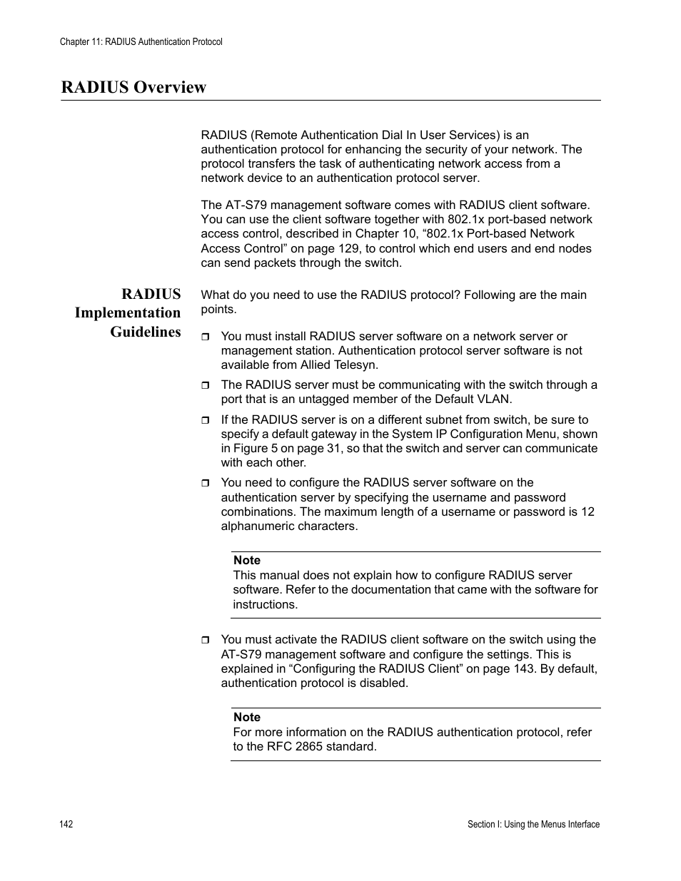 Radius overview, Radius implementation guidelines | Allied Telesis AT-S79 User Manual | Page 142 / 242