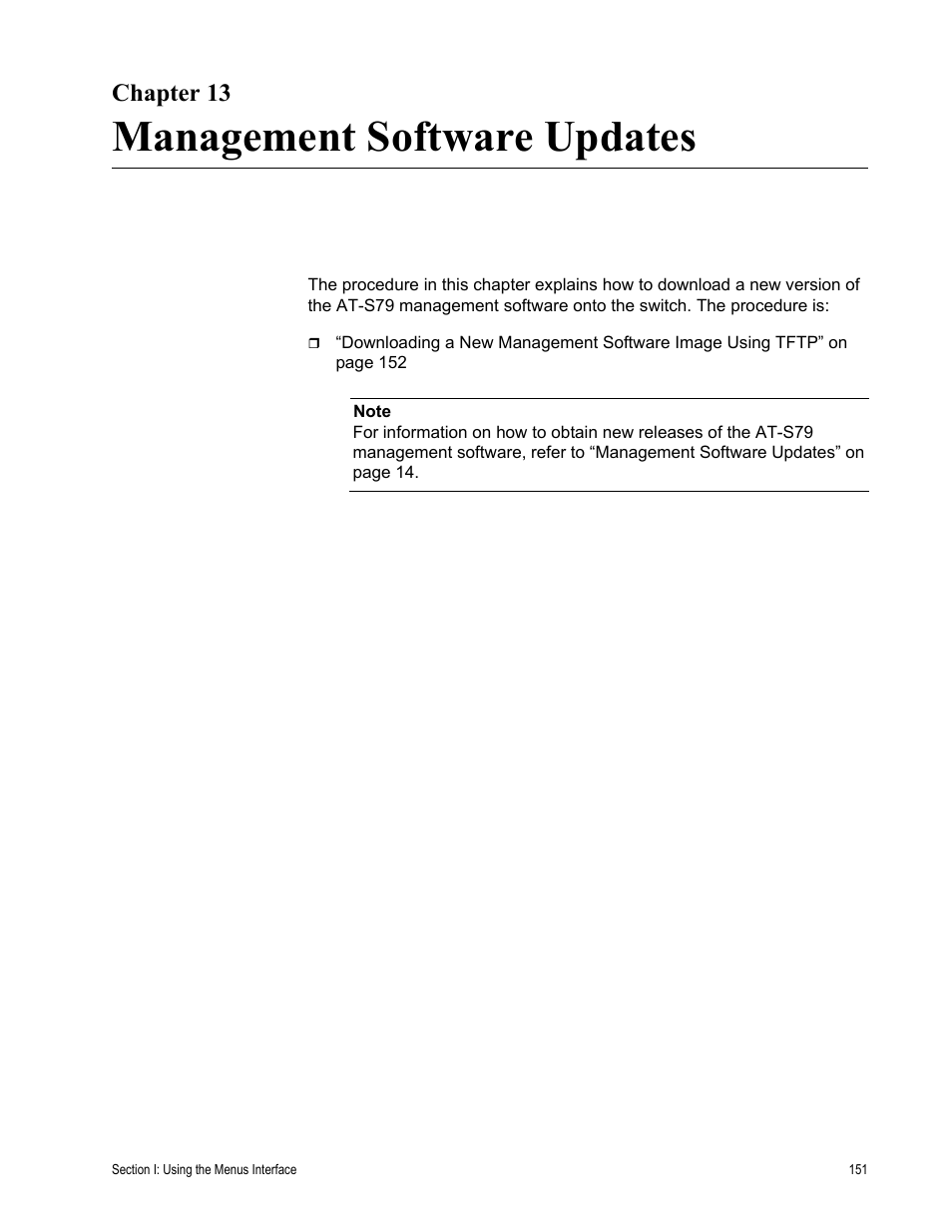 Chapter 13, Management software updates | Allied Telesis AT-S79 User Manual | Page 151 / 242