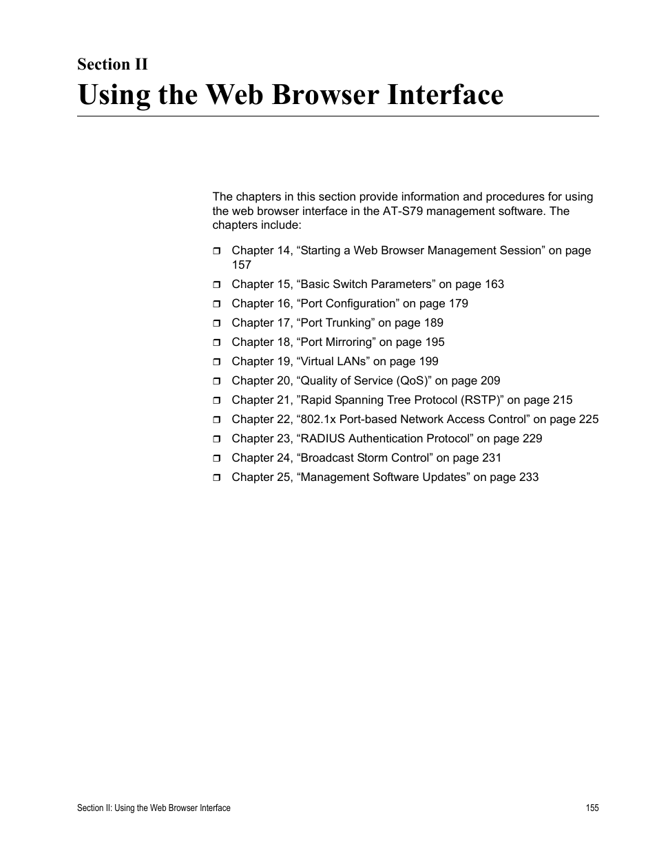 Section ii, Using the web browser interface, Section ii: using the web browser interface | Allied Telesis AT-S79 User Manual | Page 155 / 242