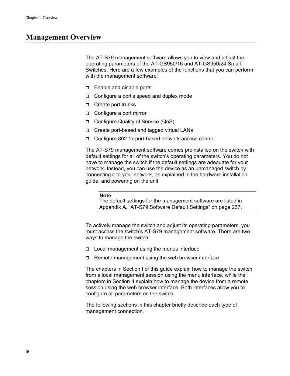 Management overview | Allied Telesis AT-S79 User Manual | Page 16 / 242