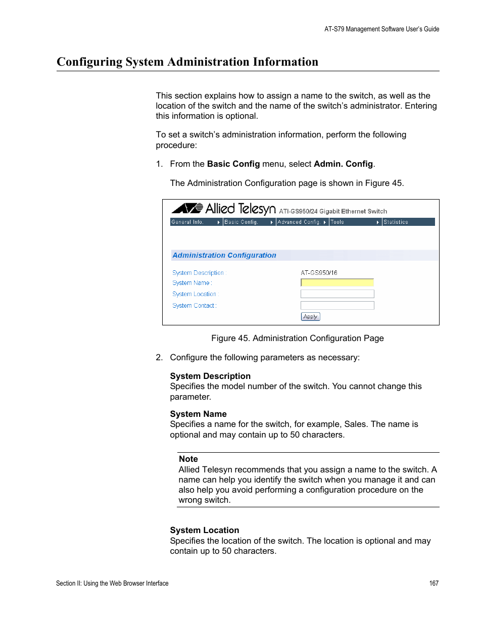 Configuring system administration information | Allied Telesis AT-S79 User Manual | Page 167 / 242