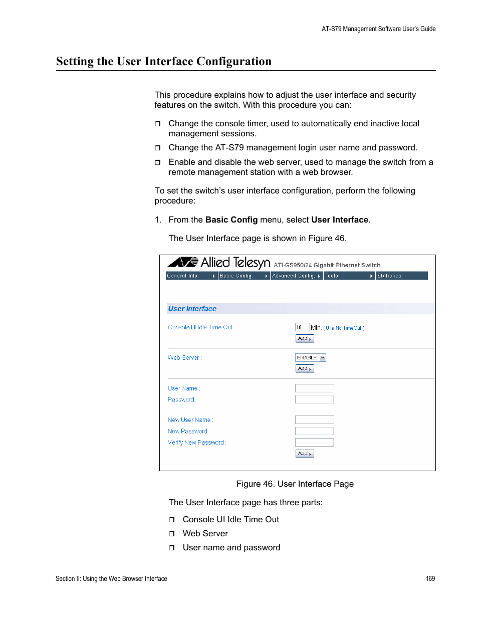 Setting the user interface configuration | Allied Telesis AT-S79 User Manual | Page 169 / 242