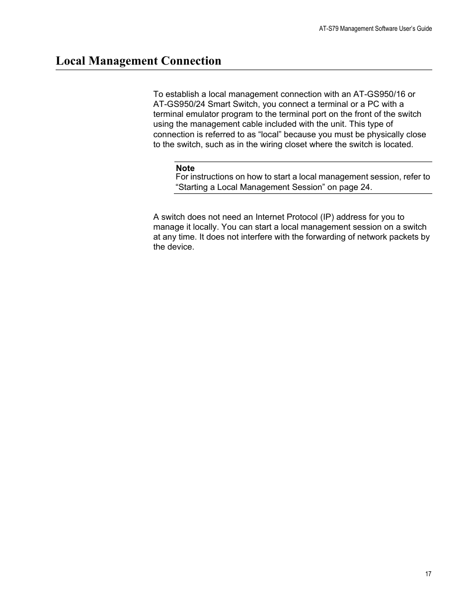 Local management connection | Allied Telesis AT-S79 User Manual | Page 17 / 242