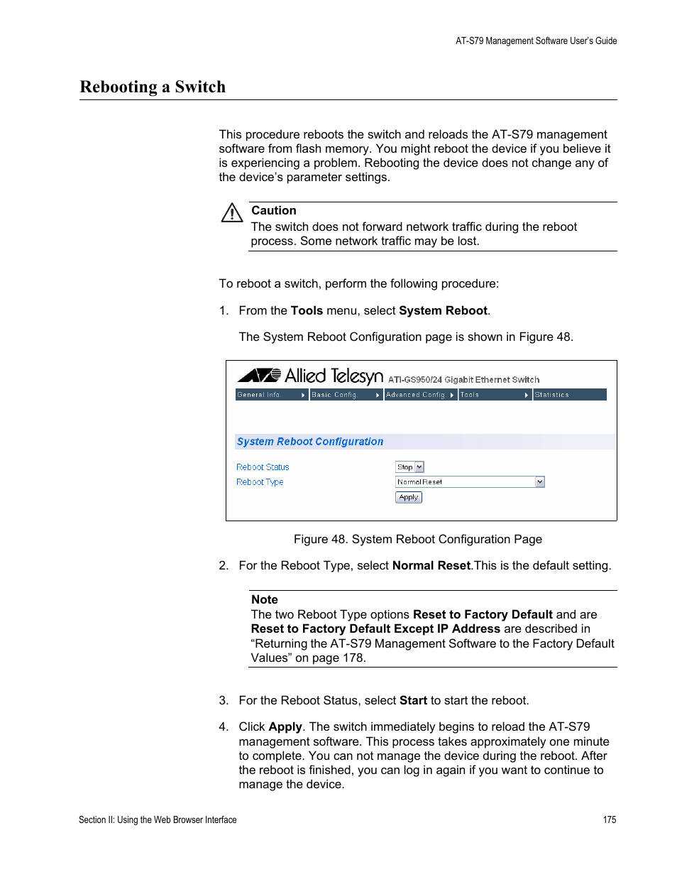 Rebooting a switch | Allied Telesis AT-S79 User Manual | Page 175 / 242