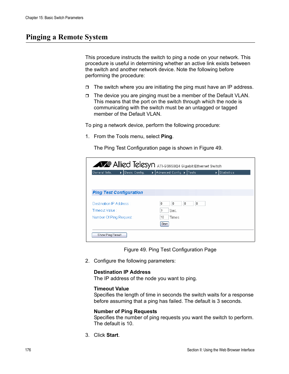 Pinging a remote system | Allied Telesis AT-S79 User Manual | Page 176 / 242