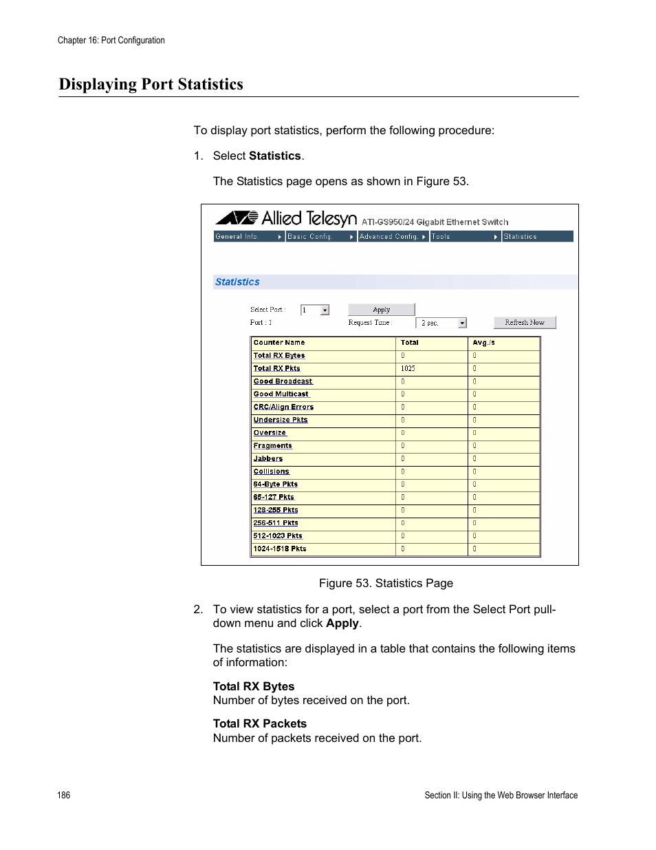 Displaying port statistics | Allied Telesis AT-S79 User Manual | Page 186 / 242