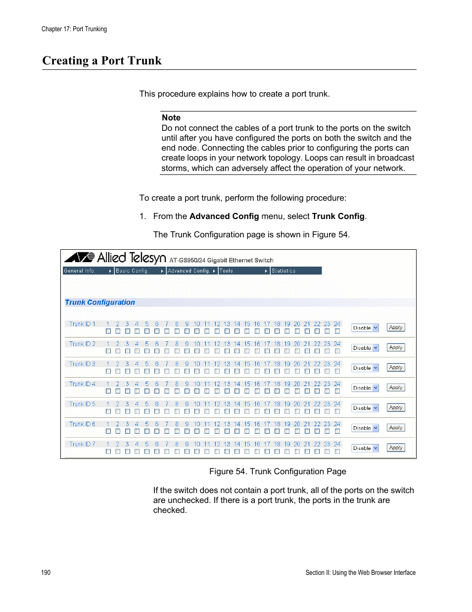 Creating a port trunk | Allied Telesis AT-S79 User Manual | Page 190 / 242