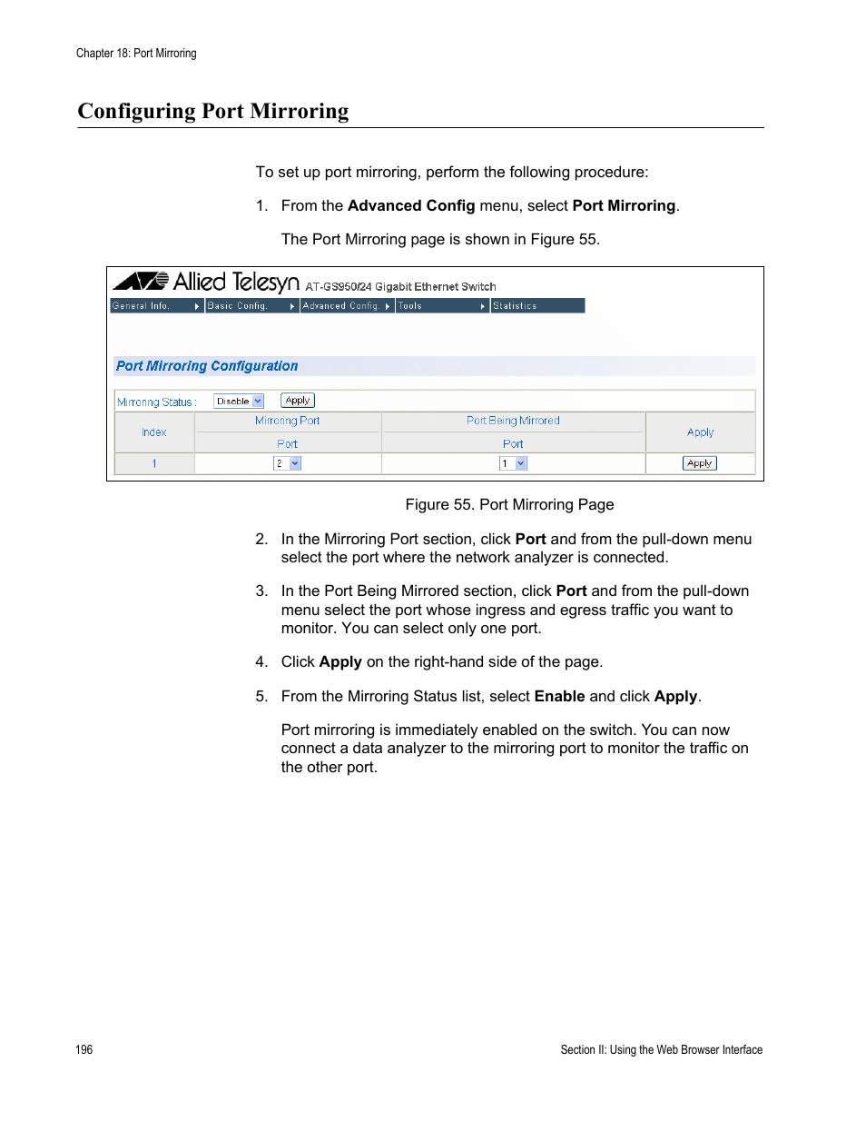Configuring port mirroring | Allied Telesis AT-S79 User Manual | Page 196 / 242