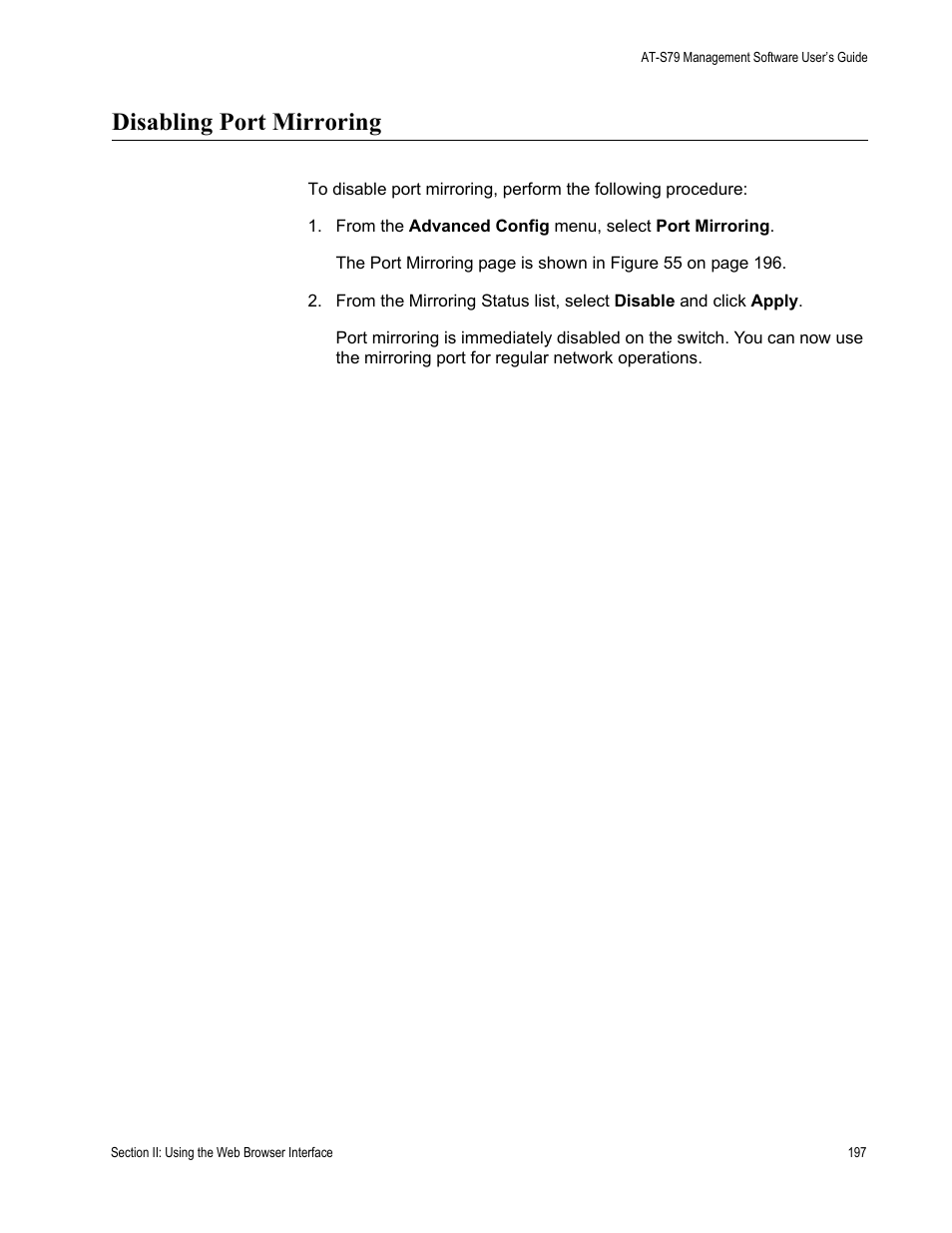 Disabling port mirroring | Allied Telesis AT-S79 User Manual | Page 197 / 242