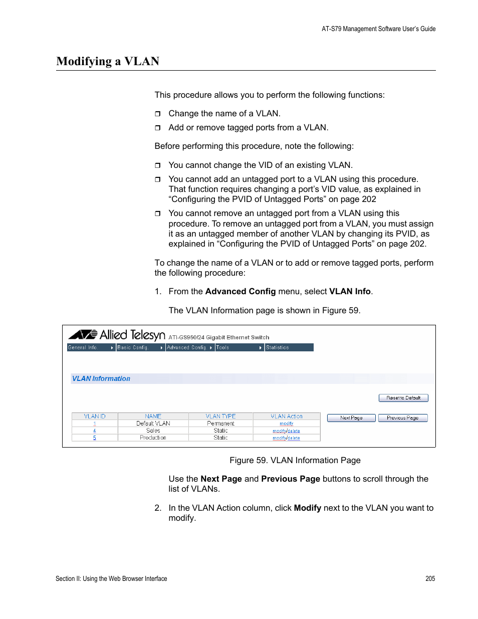 Modifying a vlan | Allied Telesis AT-S79 User Manual | Page 205 / 242