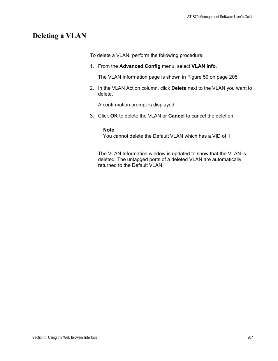 Deleting a vlan | Allied Telesis AT-S79 User Manual | Page 207 / 242