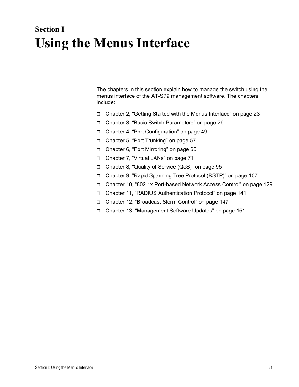 Section i, Using the menus interface, Section i: using the menus interface | Allied Telesis AT-S79 User Manual | Page 21 / 242