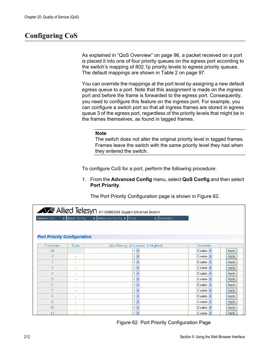 Configuring cos | Allied Telesis AT-S79 User Manual | Page 212 / 242