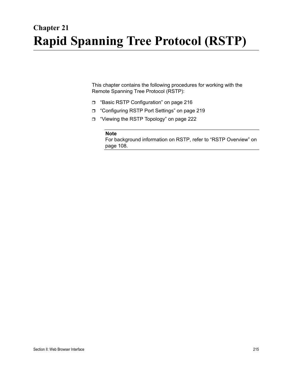 Chapter 21, Rapid spanning tree protocol (rstp) | Allied Telesis AT-S79 User Manual | Page 215 / 242