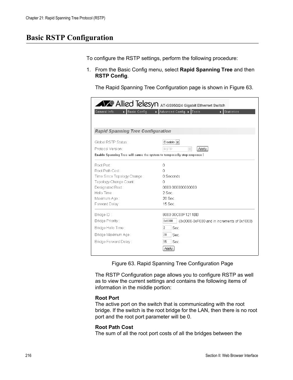Basic rstp configuration | Allied Telesis AT-S79 User Manual | Page 216 / 242
