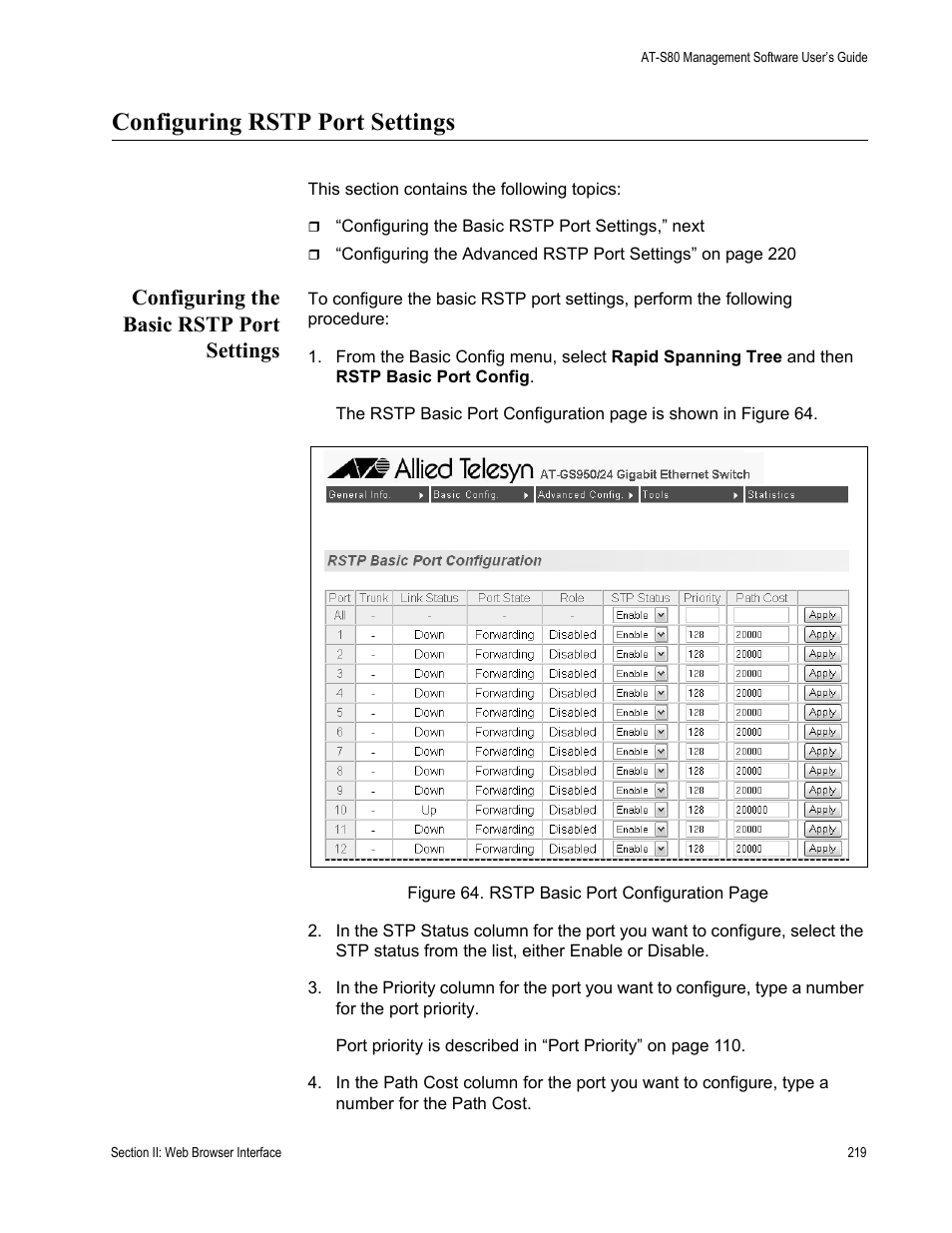 Configuring rstp port settings, Configuring the basic rstp port settings | Allied Telesis AT-S79 User Manual | Page 219 / 242