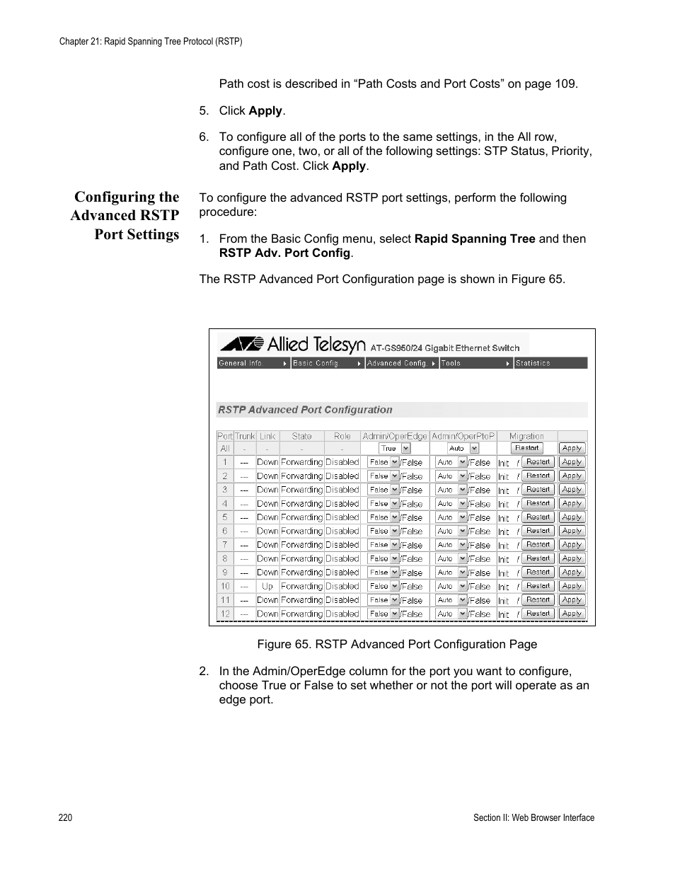 Configuring the advanced rstp port settings | Allied Telesis AT-S79 User Manual | Page 220 / 242
