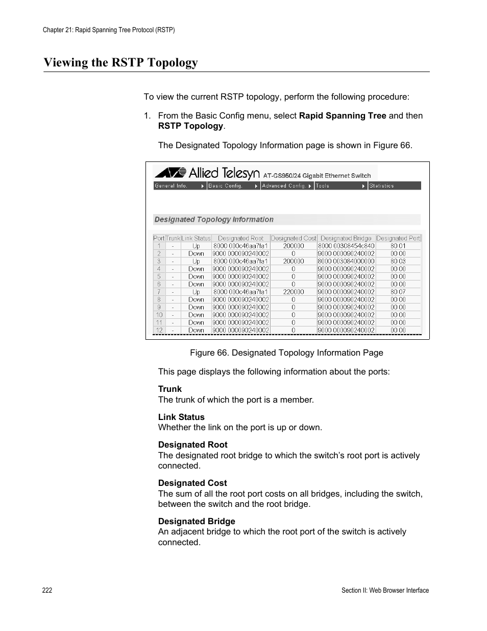 Viewing the rstp topology | Allied Telesis AT-S79 User Manual | Page 222 / 242