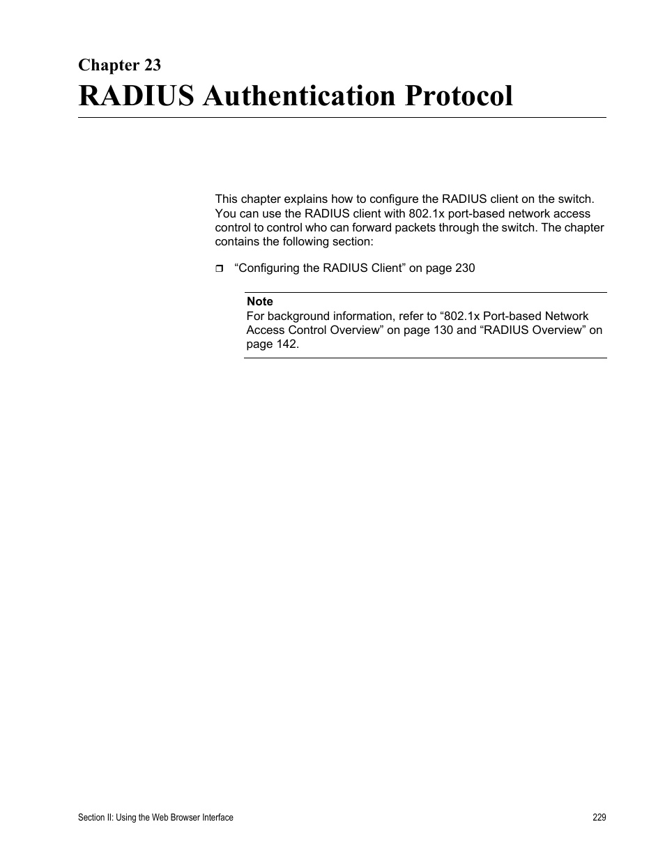 Chapter 23, Radius authentication protocol, Chapter 23: radius authentication protocol | Allied Telesis AT-S79 User Manual | Page 229 / 242