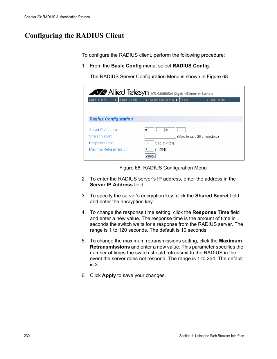 Configuring the radius client, Figure 68. radius configuration menu | Allied Telesis AT-S79 User Manual | Page 230 / 242