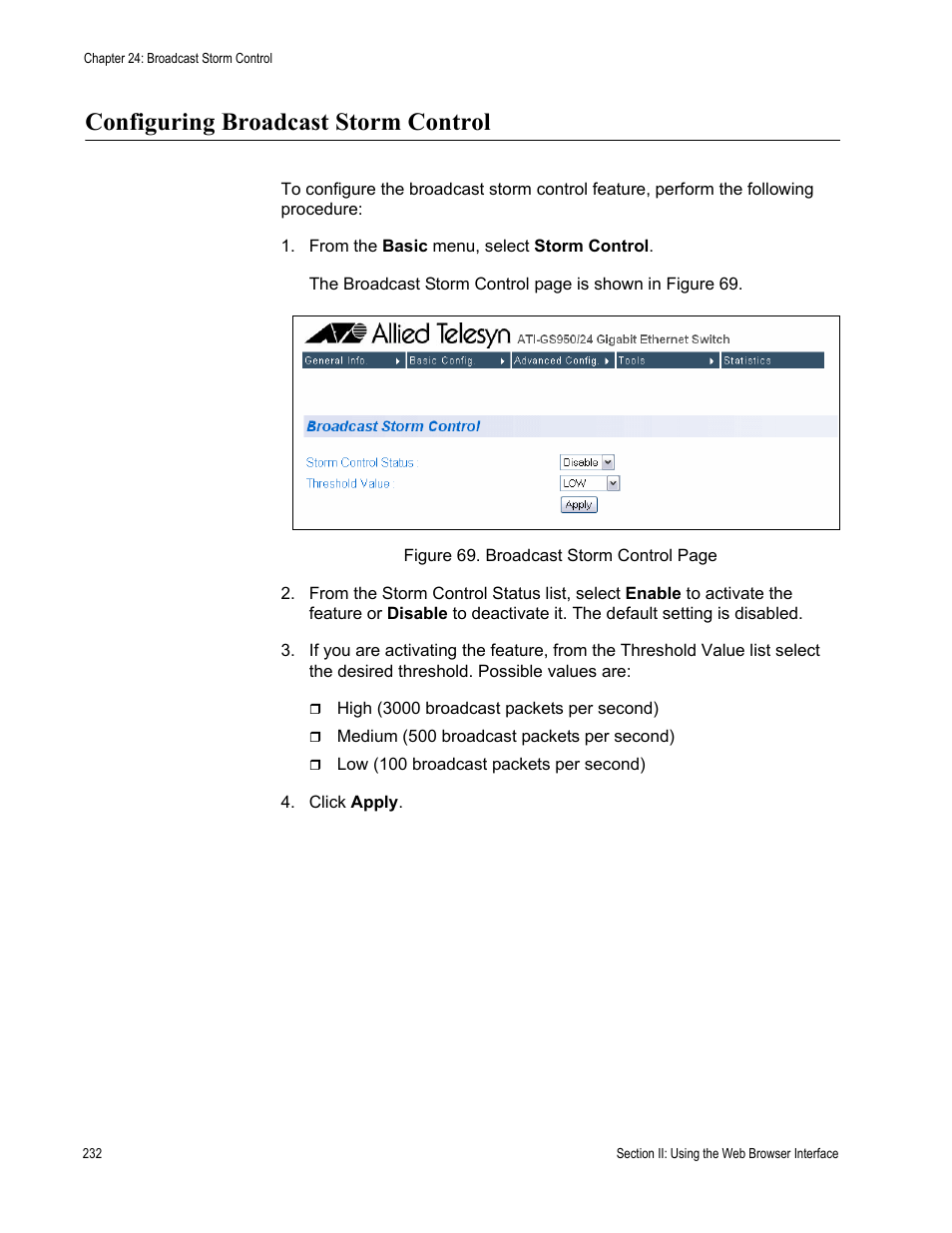 Configuring broadcast storm control | Allied Telesis AT-S79 User Manual | Page 232 / 242