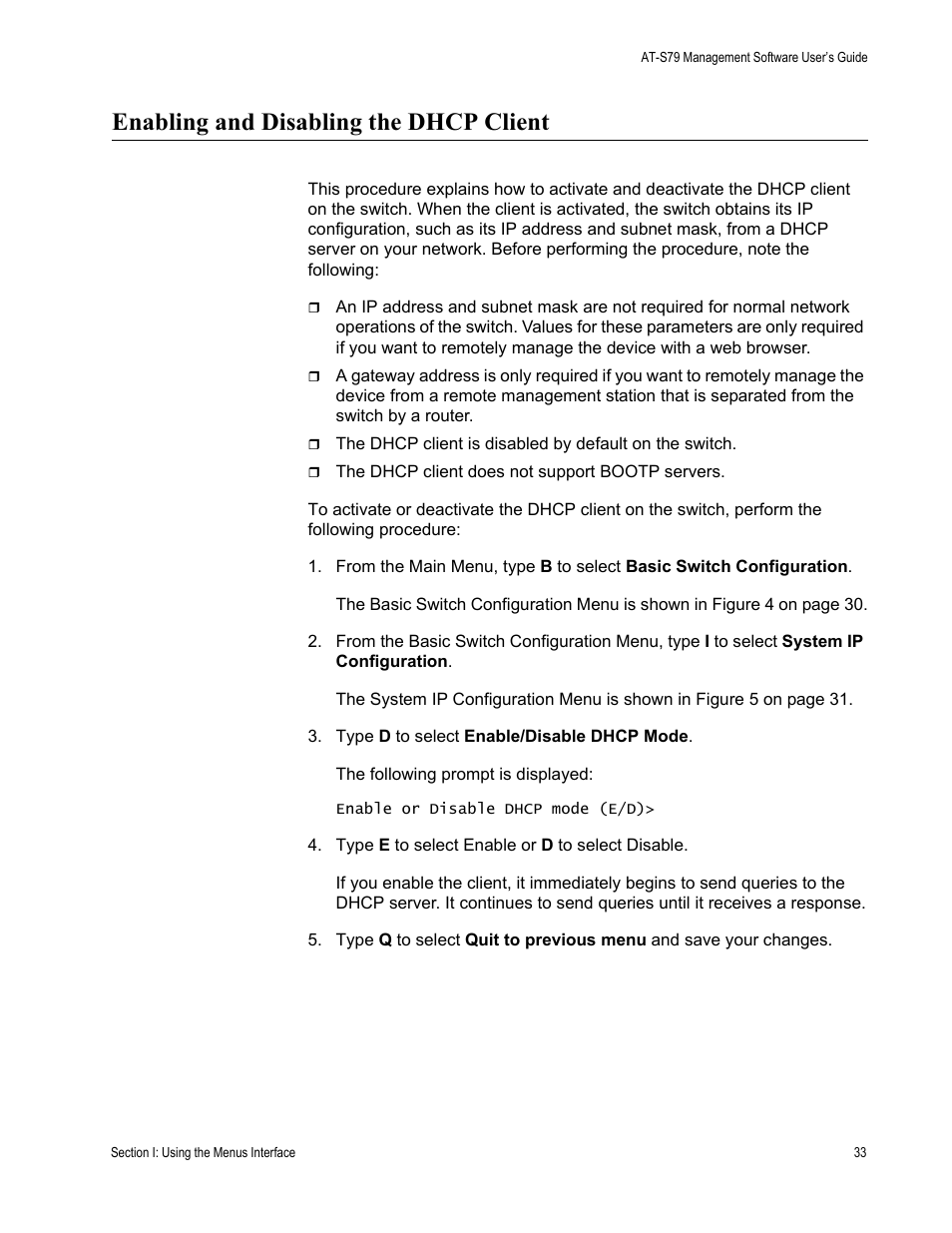 Enabling and disabling the dhcp client | Allied Telesis AT-S79 User Manual | Page 33 / 242