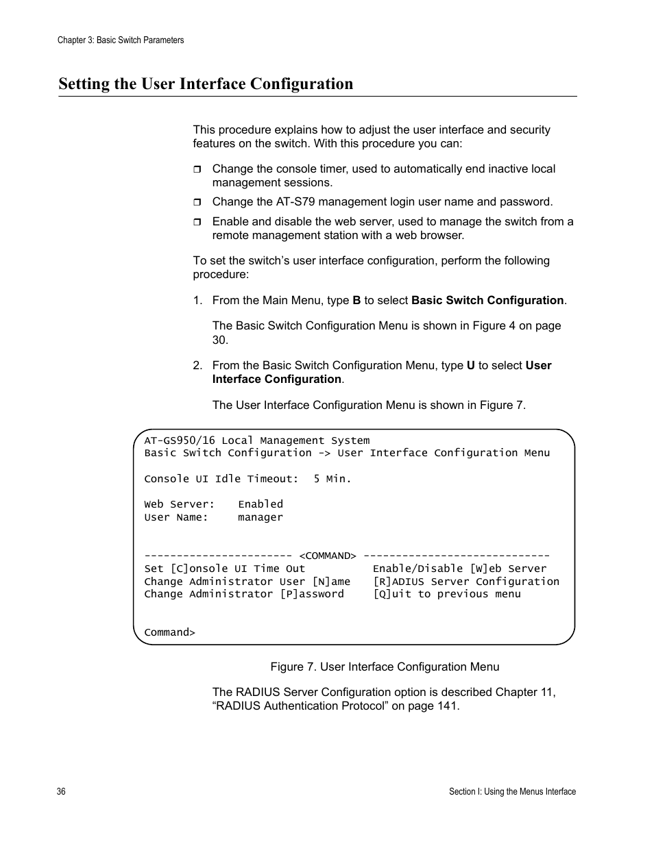 Setting the user interface configuration | Allied Telesis AT-S79 User Manual | Page 36 / 242