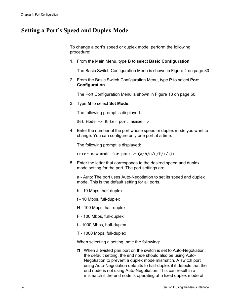 Setting a port’s speed and duplex mode | Allied Telesis AT-S79 User Manual | Page 54 / 242