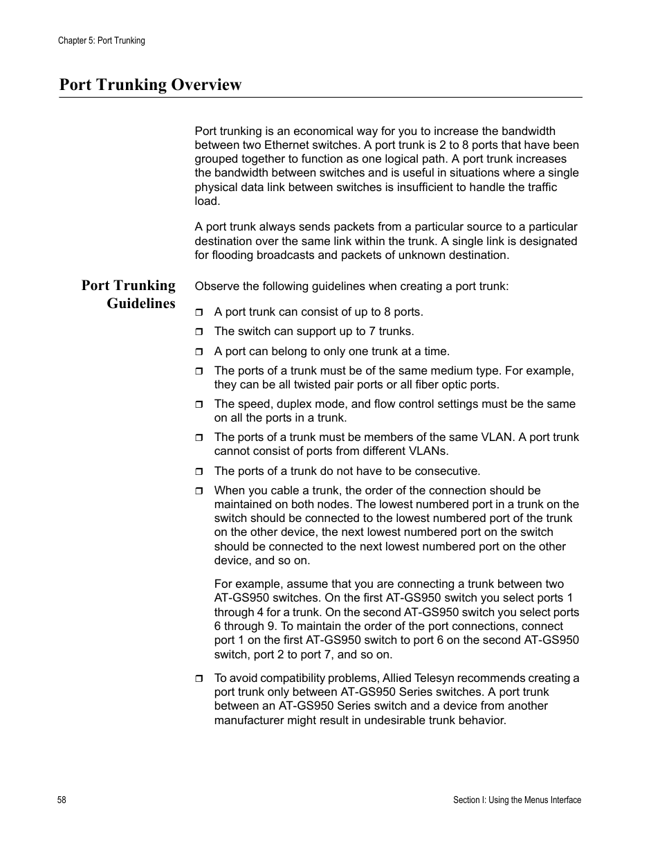 Port trunking overview, Port trunking guidelines | Allied Telesis AT-S79 User Manual | Page 58 / 242