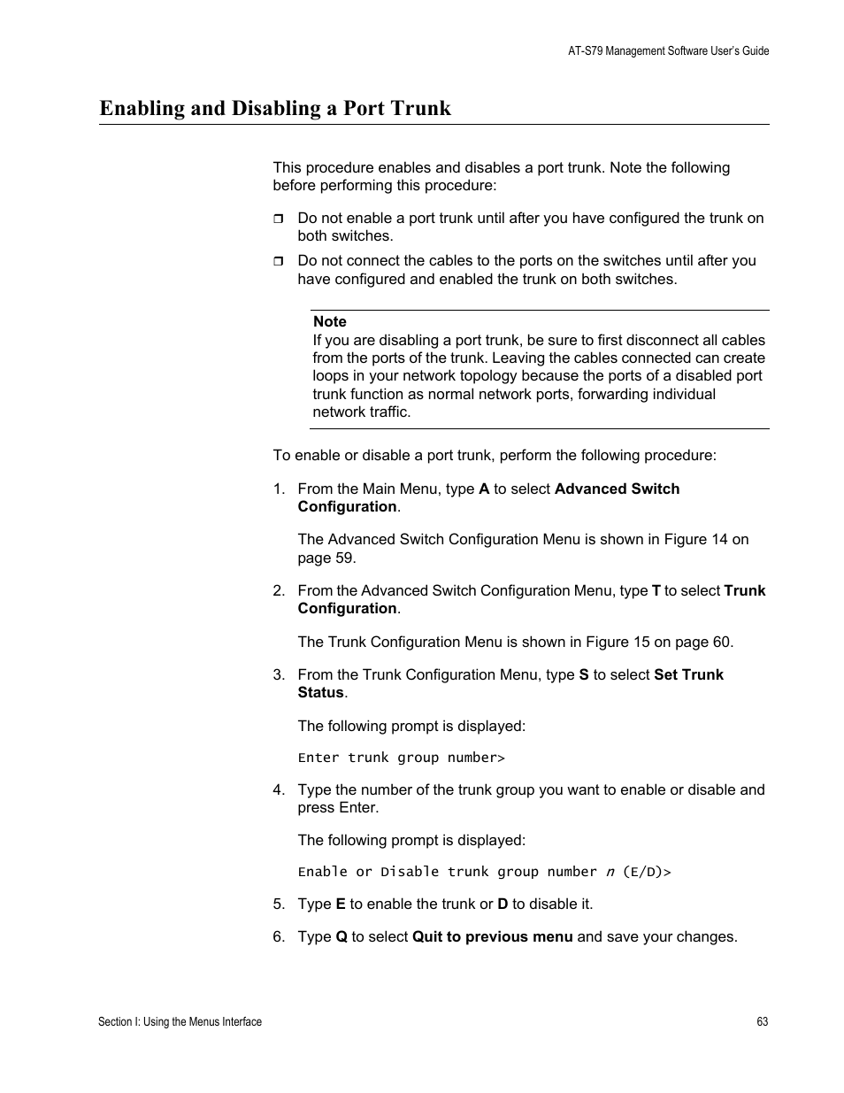 Enabling and disabling a port trunk | Allied Telesis AT-S79 User Manual | Page 63 / 242