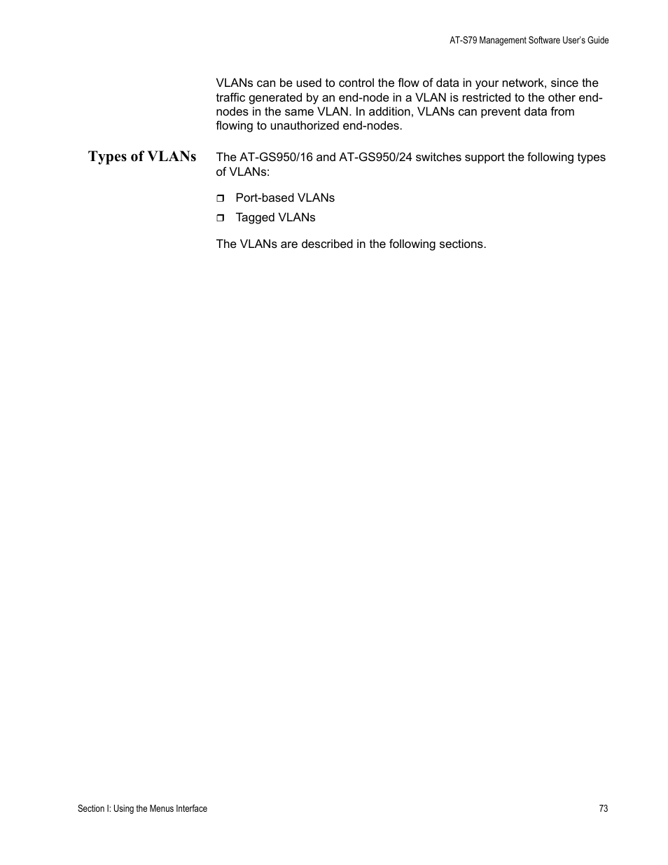 Types of vlans | Allied Telesis AT-S79 User Manual | Page 73 / 242