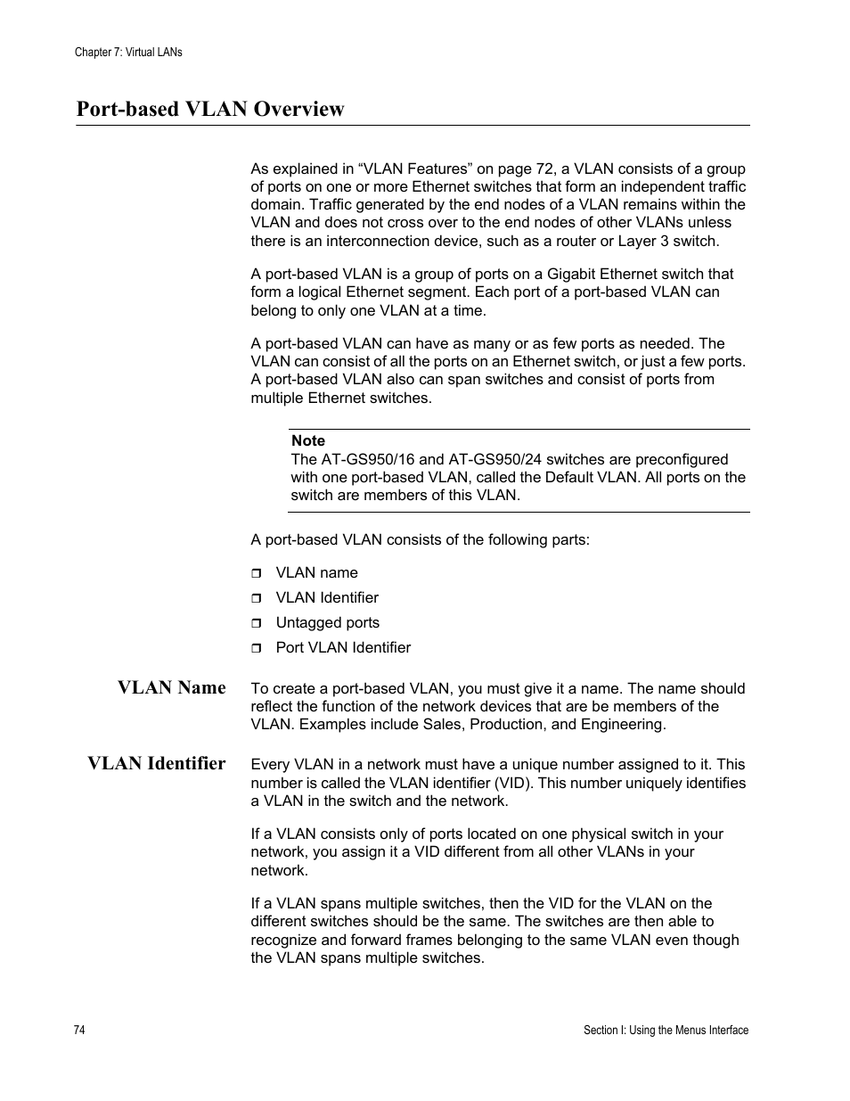 Port-based vlan overview, Vlan name, Vlan identifier | Vlan name vlan identifier | Allied Telesis AT-S79 User Manual | Page 74 / 242