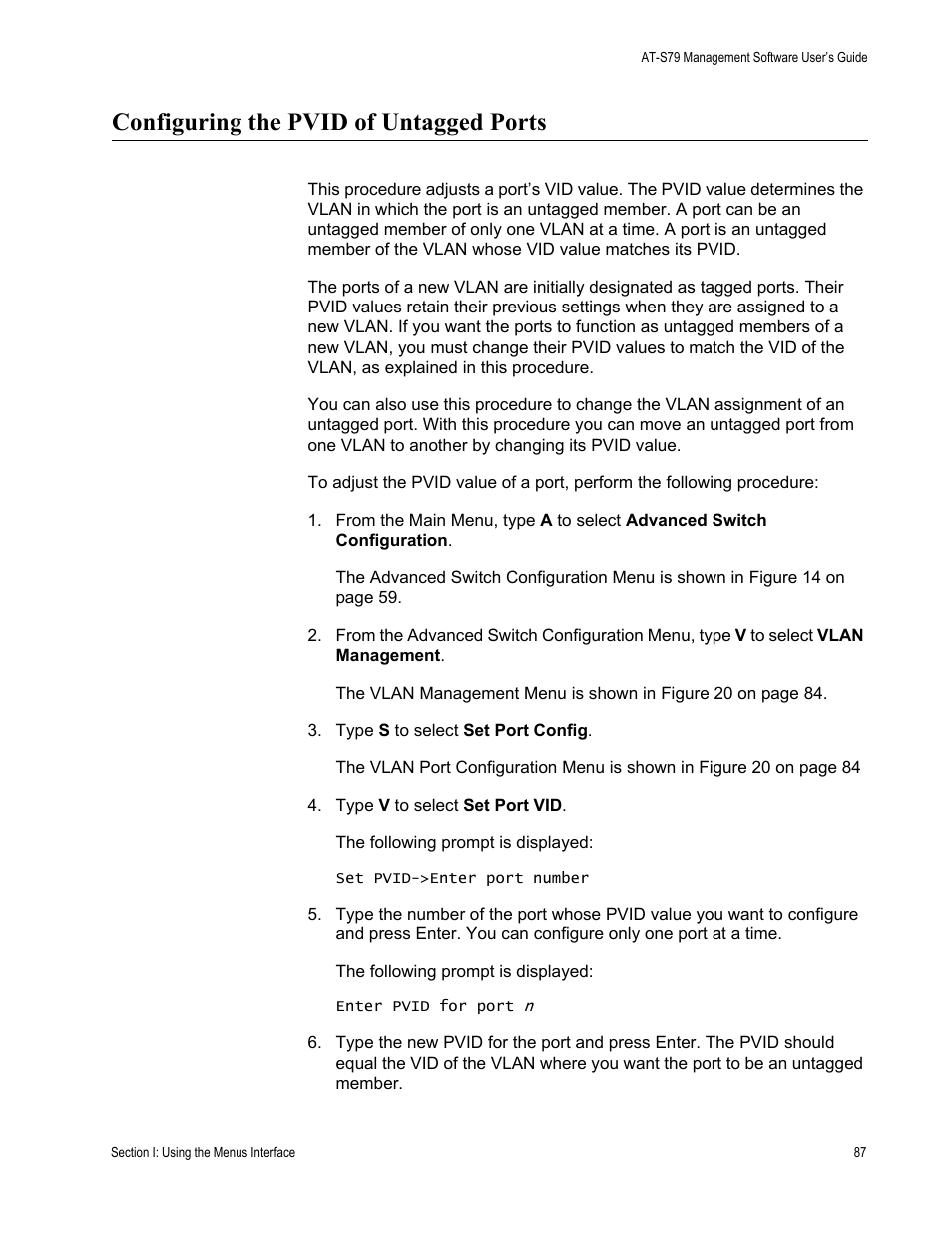 Configuring the pvid of untagged ports | Allied Telesis AT-S79 User Manual | Page 87 / 242