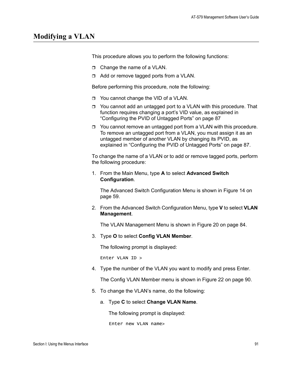Modifying a vlan | Allied Telesis AT-S79 User Manual | Page 91 / 242