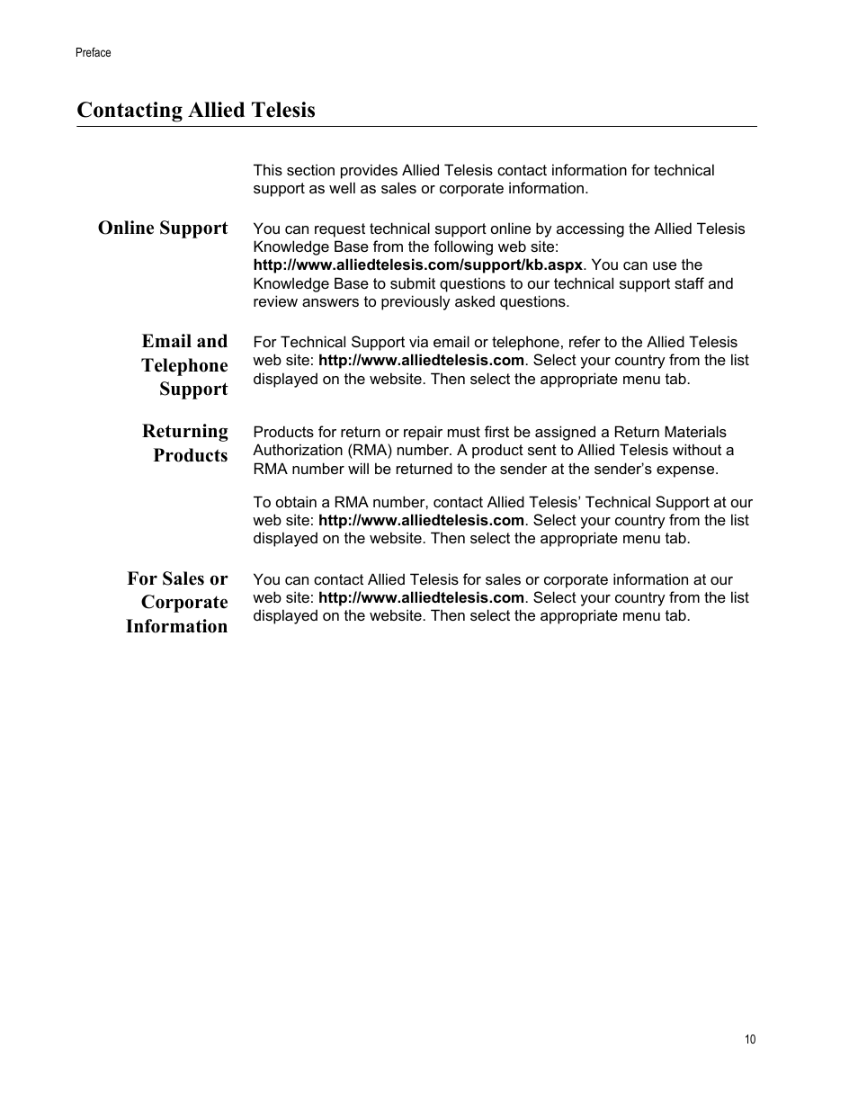 Contacting allied telesis, Online support, Email and telephone support | Returning products, For sales or corporate information | Allied Telesis AT-FS717FC/SC User Manual | Page 10 / 69