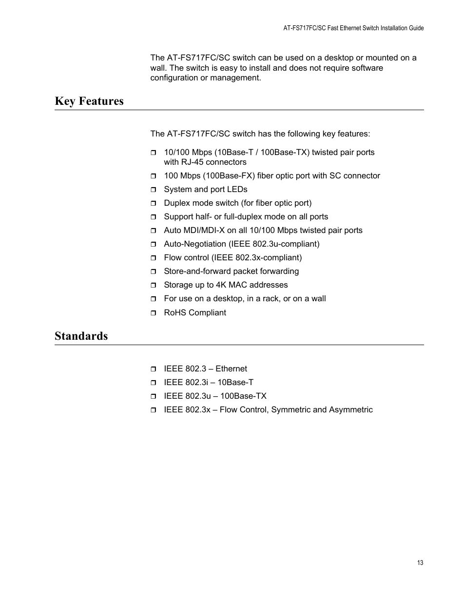 Key features, Standards, Key features standards | Allied Telesis AT-FS717FC/SC User Manual | Page 13 / 69