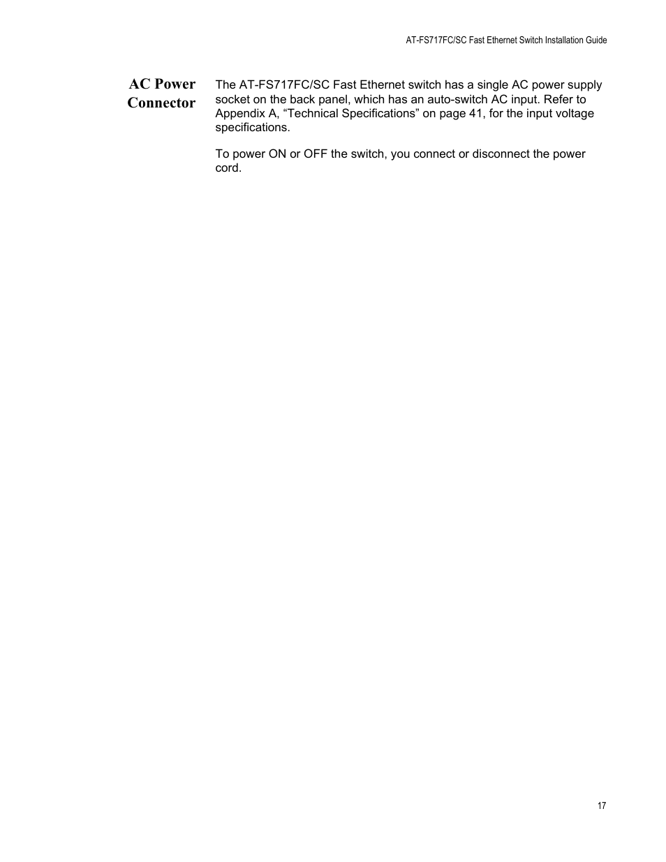 Ac power connector | Allied Telesis AT-FS717FC/SC User Manual | Page 17 / 69